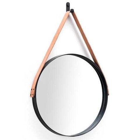 Espelho Redondo 50 cm Adnet Preto Escandinavo com Alça de Corano Caramelo D'Rossi