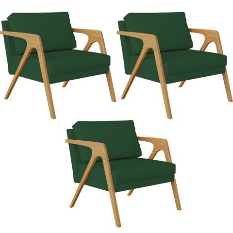 Kit 3 Poltronas Decorativas Sala Pietra Estrutura de Madeira L02 Suede Verde Musgo - Lyam Decor