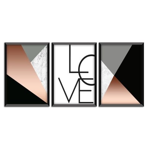 Kit 3 Quadros Decorativos Rose Gold "Love" 43x33x1cm
