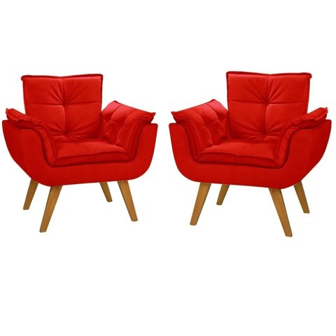 Kit 2 Poltrona Suede Vermelho Cadeira Decorativa Opala Sala Recepção Pés Imbuia - Bela Decor