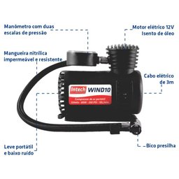 Compressor de Ar Mini Elétrico Portátil Preto 12v Wind10 - 2