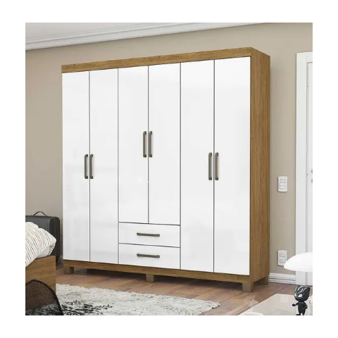 Guarda Roupa Solteiro 6 Portas 2 Gavetas com Pés 153cm Áries Cinamomo/Off White - Carioca Móveis