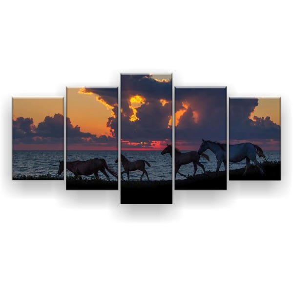 Quadro Decorativo Cavalos Fundo Lago 129X61 5 Peças - 3