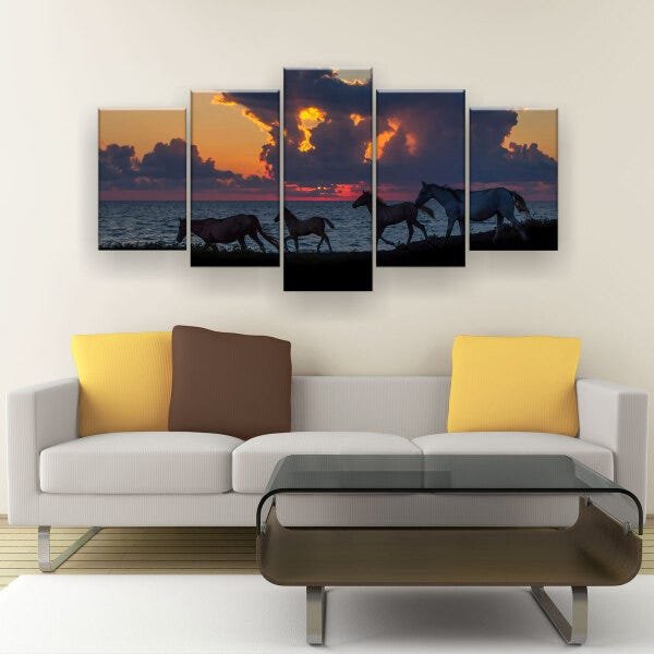 Quadro Decorativo Cavalos Fundo Lago 129X61 5 Peças - 1