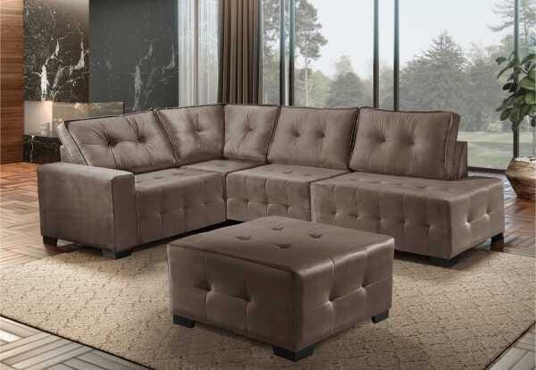 Sofá de Canto 5 Lugares com Chaise e Puff Denver Villa Mobi Veludo ...