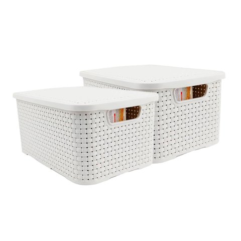 Kit 2 Caixas Organizadoras Rattan de Plástico Resistente Médio Cesto Com Tampa Capacidade 8 Litros C