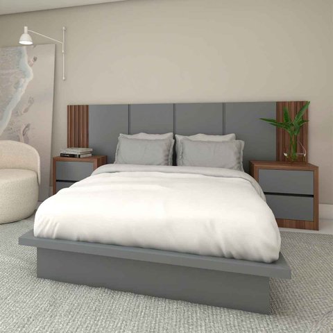 Cama Casal 2 Mesas C/ 2 Gavetas e Cabeceira sob Medida Mdf Cor:nogueira Cadiz com Cinza Sagrado