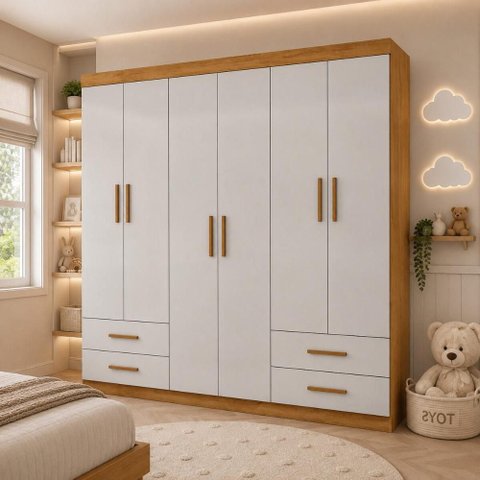 Guarda-Roupa Infantil com 6 Portas e 4 Gavetas 177cm Multimóveis CR35560 Madeirado/Off White