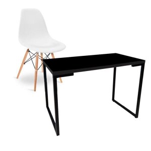 Kit Mesa para Computador Escrivaninha Porto Preto 120cm e Cadeira Eiffel Charles Eames Branco