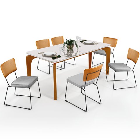 Mesa Capri 160cm Off White Com 6 Cadeiras Allana B05 Couríssimo Whisky Linho Cinza - Lyam Decor Capr