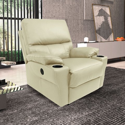 Poltrona do Papai Sala de Cinema Mia Reclinável Retrátil Power Elétrico Base Fixa Couro Off White G4