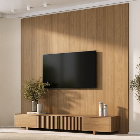 Rack com Painel para Tv até 86 Polegadas Ripado 240x250cm Aruá Cabecasa Madeiraoriginals