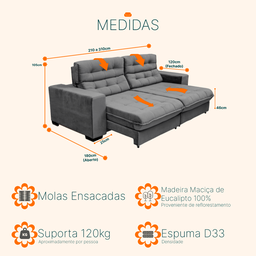 Sofá Retrátil e Reclinável 2,10m 3 Lugares Molas Ensacadas Pillow Top Suede New Califórnia - 5
