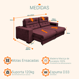 Sofá Retrátil e Reclinável 2,10m 3 Lugares Molas Ensacadas Pillow Top Suede New Califórnia - 5