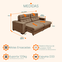 Sofá Retrátil e Reclinável 2,10m 3 Lugares Molas Ensacadas Pillow Top Suede New Califórnia - 5