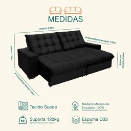 Sofá Retrátil e Reclinável 2,90m 5 Lugares Molas Ensacadas Pillow Top Califórnia - 3
