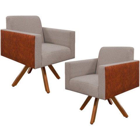 Kit 2 Poltronas Decorativa Base Giratória de Madeira Helô L02 Linho Bege Corano Marrom - Lyam