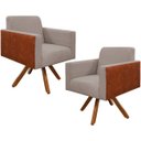 Ver imagem 1 de Kit 2 Poltronas Decorativa Base Giratória de Madeira Helô L02 Linho Bege Corano Marrom - Lyam