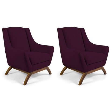 Kit 2 Poltronas Decorativa Fixa Base de Madeira Juliet D02 Veludo Roxo Grape B-292 - Lyam Decor