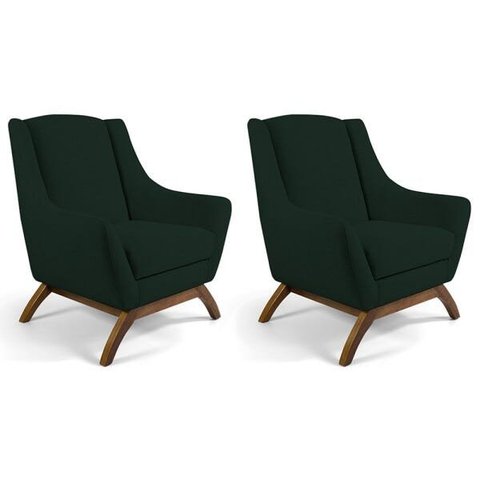 Kit 2 Poltronas Decorativa Fixa Base de Madeira Juliet D02 Linho Verde C-117 - Lyam Decor