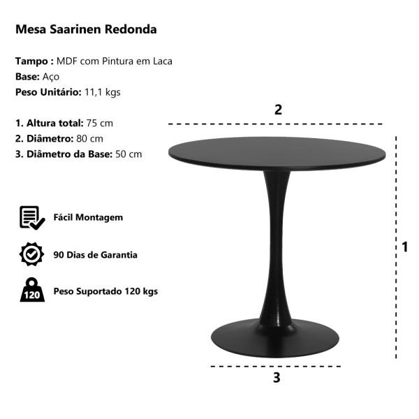 Mesa Saarinen Tulipa Redonda 80cm Tampo Madeira Preto Sala Cozinha Jantar - 3