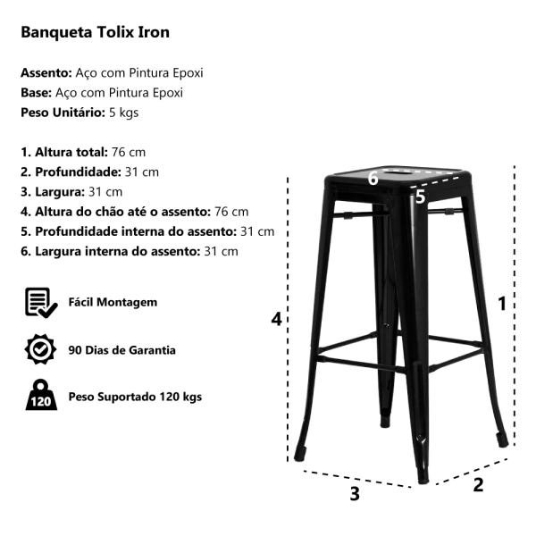 Banqueta Tolix Iron Design Industrial Preto Fosco 76 cm Aço Cozinha Bar Bistrô Bancada - 3