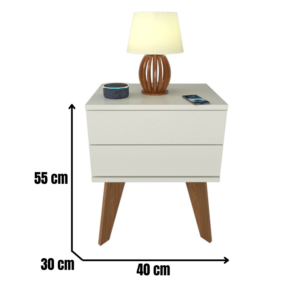 Mesa de Cabeceira 2 Gavetas 40 Cm Mdf Branco com Pés Fj Decor Retrô - 2