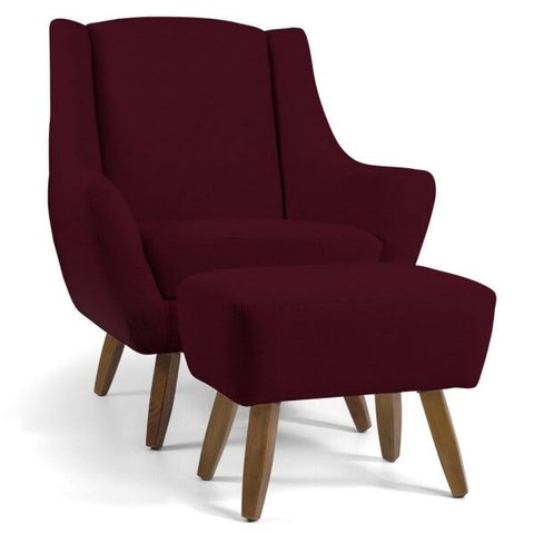 Poltrona Decorativa Fixa com Puff Pés de Madeira Juliet D02 Veludo Marsala C-278 - Lyam Decor