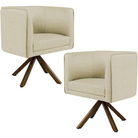 Kit 2 Poltronas Decorativa Base Giratória de Madeira Betina D02 Linho Bege C-129 - Lyam Decor