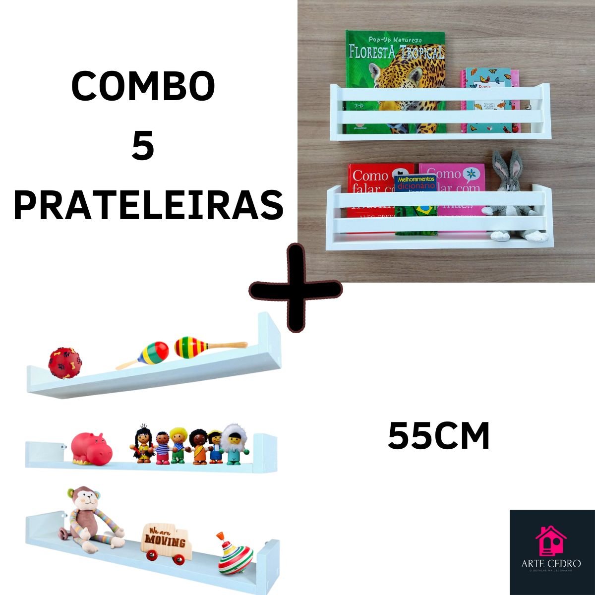 Combo De Nichos Porta Livros E Brinquedos Infantis Prateleira U Revisteiro 5un 55cm - 2