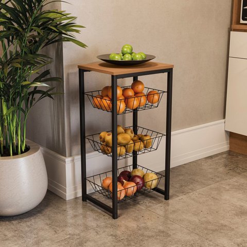 Fruteira para Cozinha com 3 Cestos 75x39cm Industrial Marrom/Canela/Preto Fosco