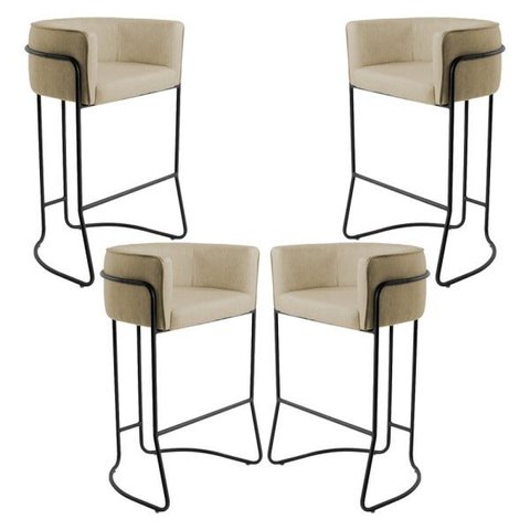 Kit 04 Banquetas Decorativas Fixa Base de Aço Preto Betina D02 Linho Bege C-129 - Lyam Decor