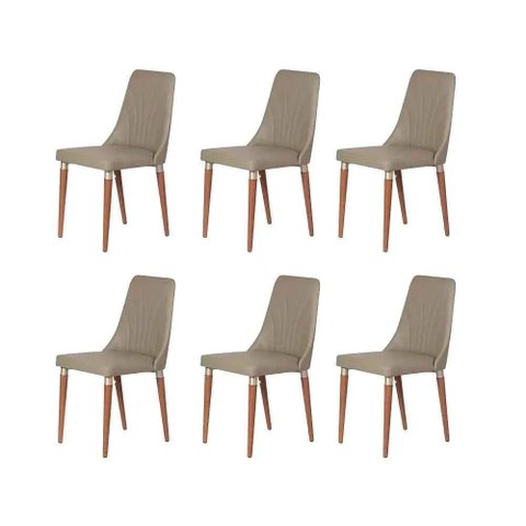 Kit de 6 Cadeiras de Madeira Maciça Estofada Lara - Natural C/ Pu Fendi - Champanhe