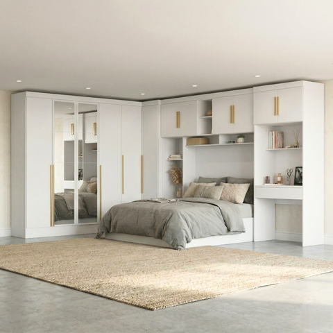 Guarda Roupa Casal Modulado 5 Peças 12 Portas com Espelho, Cabeceira e Escrivaninha 100% MDF Smart Branco