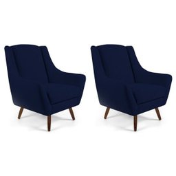 Kit 2 Poltronas Decorativa Fixa Pés de Madeira Juliet D02 Veludo Azul Marinho B-287 - Lyam Decor - 1