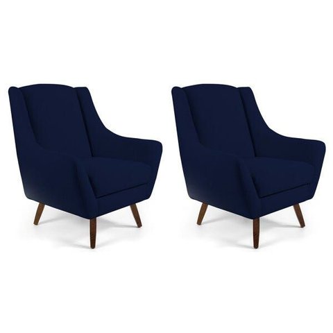 Kit 2 Poltronas Decorativa Fixa Pés de Madeira Juliet D02 Veludo Azul Marinho B-287 - Lyam Decor