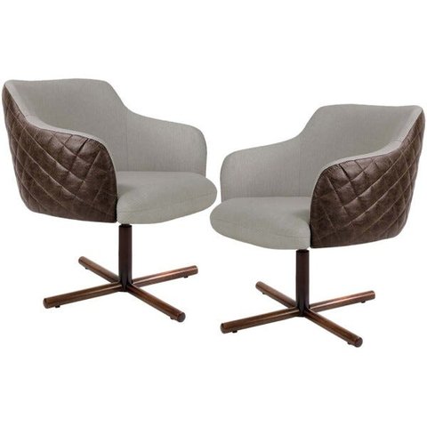 Kit 2 Poltronas Giratória Base X Jade D02 Linho Bege C-107 Tressê Corano Marrom - Lyam Decor