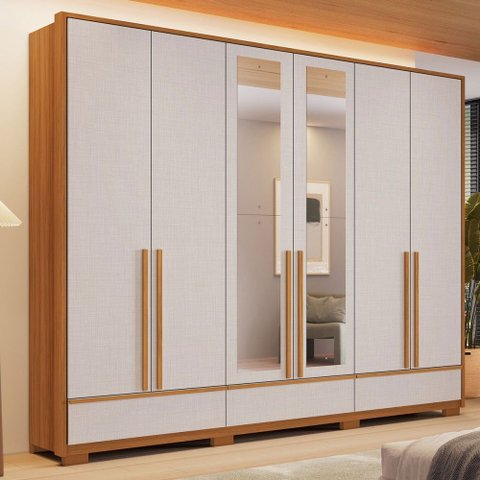 Guarda-roupa Casal Tech 6 Portas 3 Gavetas com Espelho 100% Mdf Freijó Trend/off White Tx - Pnr Móve