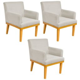 Kit 03 Poltronas Decorativa Para Sala de Estar Base Mel Beatriz W01 Suede Bege - Lyam Decor - 1