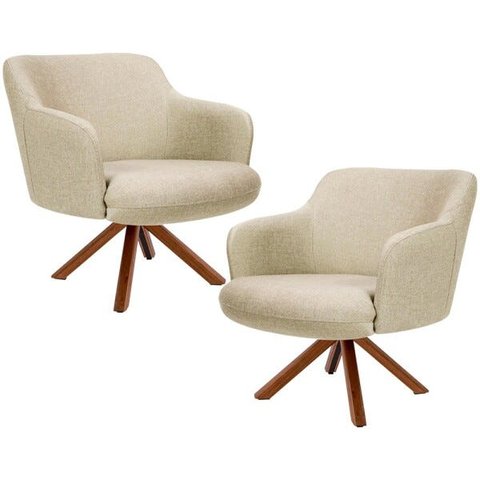 Kit 2 Poltronas Decorativa Base Giratória de Madeira Jade D02 Linho Bege C-129 - Lyam Decor