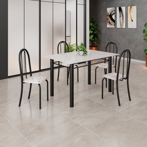 Conjunto de Mesa Tubular 120cm x 75cm Tampo em Vidro com 4 Cadeiras Iris B Preto/Bege