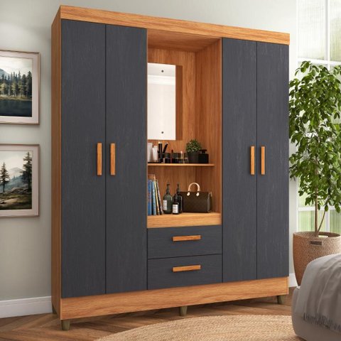 Guarda-Roupa Vetro Capelinha 150cm com Espelho Grafite - Fellicci Móveis