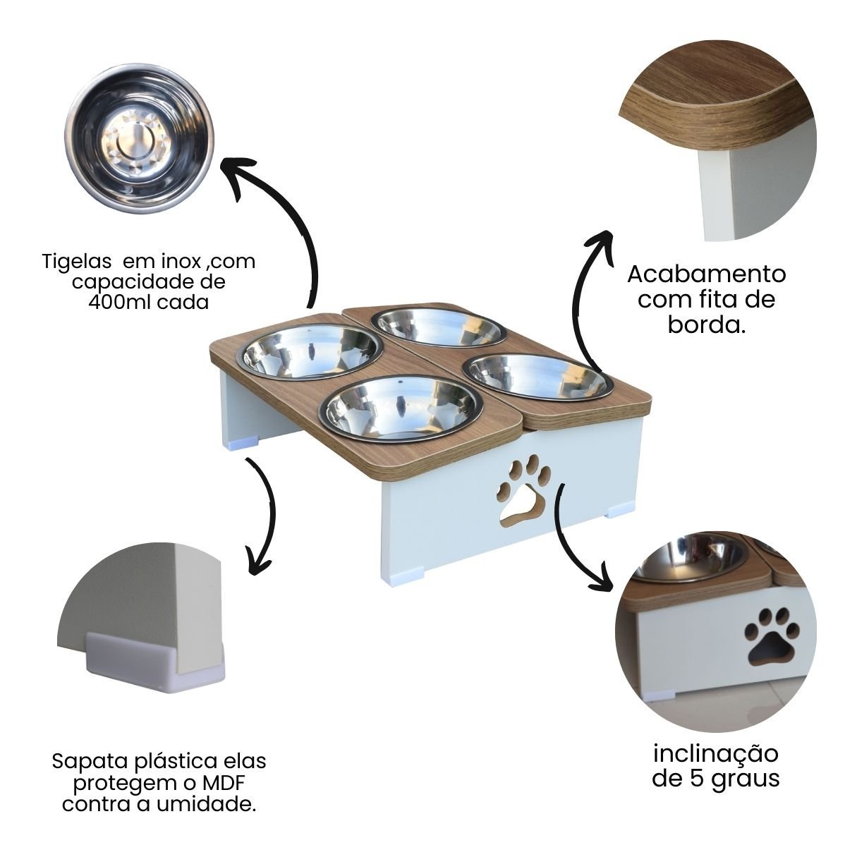 Comedouro Elevado Quadruplo Cachorro Pet Mdf - Inox - 4