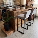 Ver imagem 2 de Banqueta Alta Viena Estofada com Encosto Base de Ferro Preta para Bancada Cozinha Área Gourmet Linho