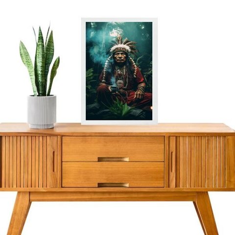 Quadro Umbanda Caboclo Tupã 24x18cm - com Vidro:moldura Branca