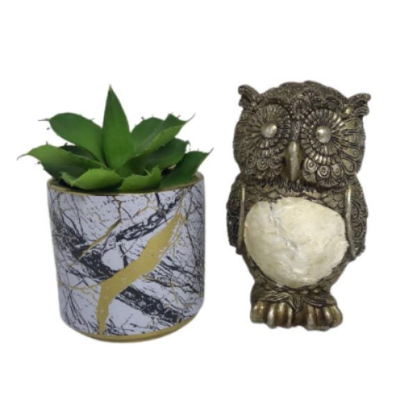 Kit de vaso marmorizado cerâmico e coruja - 1