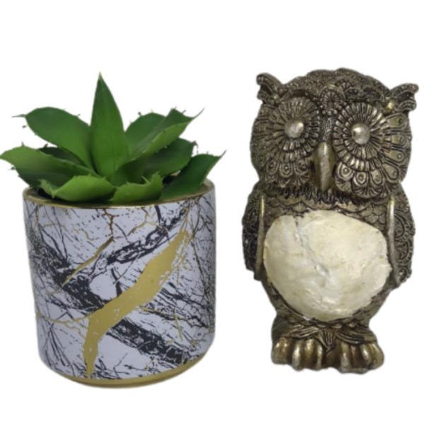 Kit de vaso marmorizado cerâmico e coruja - 2