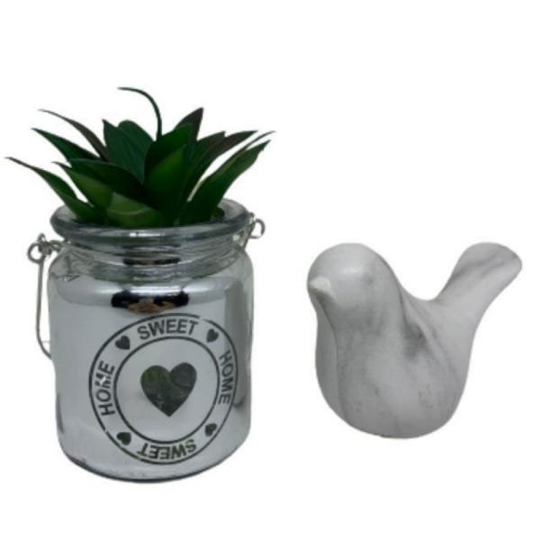 Kit pássaro com estampa marmorizada e vaso cinza de coração - 2