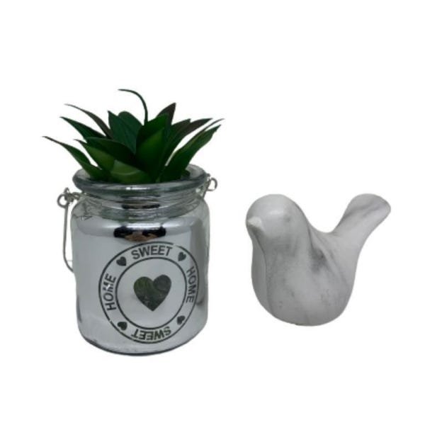 Kit pássaro com estampa marmorizada e vaso cinza de coração - 1