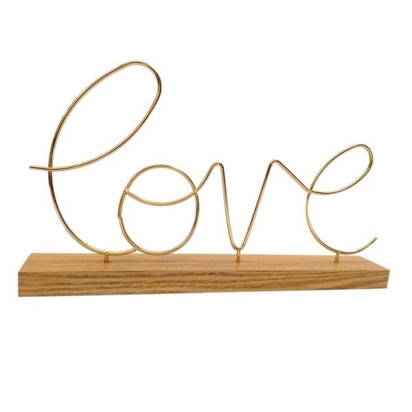 Enfeite metal palavra love dourado com base de madeira - 2